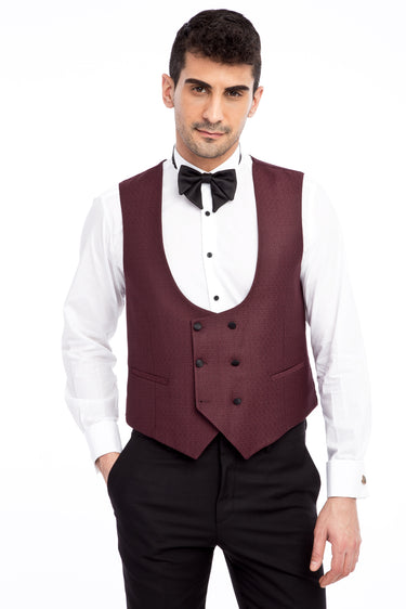  Bordo Slim Fit Dar Kesim Mono Yaka Desenli Yelekli Smokin / Damatlık