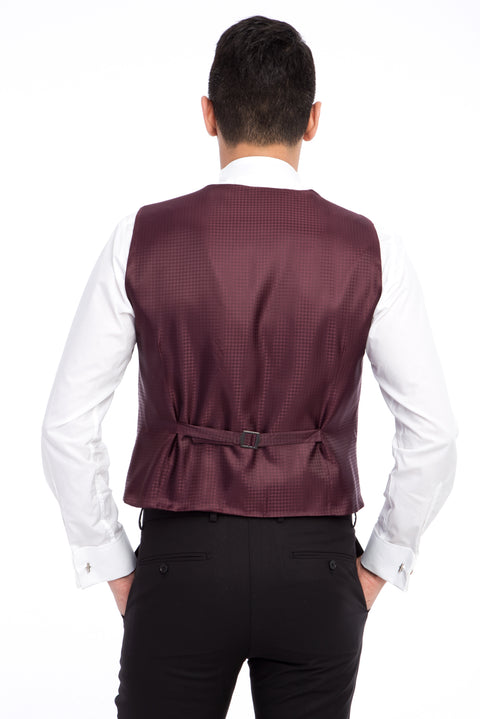 Bordo 7 Drop Slim Fit Dar Kesim Mono Yaka Desenli Yelekli Smokin & Damatlık