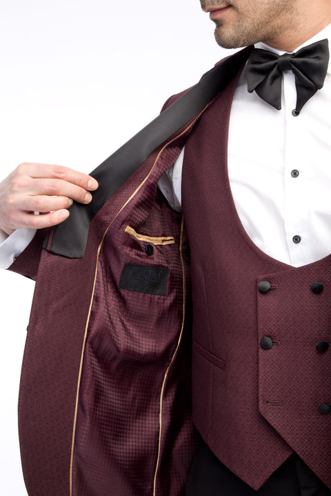 Bordo 7 Drop Slim Fit Dar Kesim Mono Yaka Desenli Yelekli Smokin & Damatlık