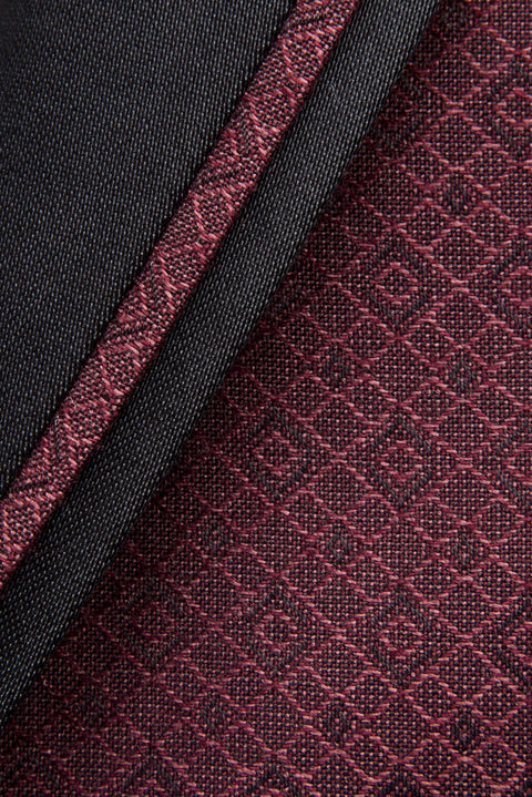 Bordo 7 Drop Slim Fit Dar Kesim Mono Yaka Desenli Yelekli Smokin & Damatlık