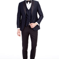 Lacivert Slim Fit Dar Kesim Sivri Yaka Desenli Yelekli Smokin / Damatlık