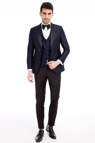  Lacivert Slim Fit Dar Kesim Sivri Yaka Desenli Yelekli Smokin / Damatlık