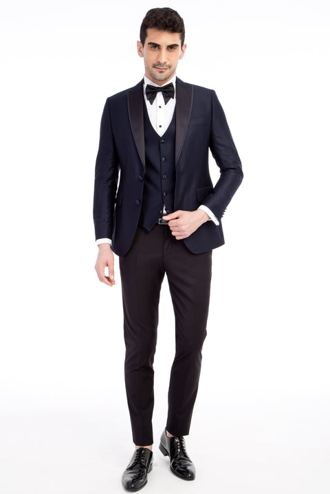 Lacivert 7 Drop Slim Fit Dar Kesim Sivri Yaka Desenli Yelekli Smokin & Damatlık