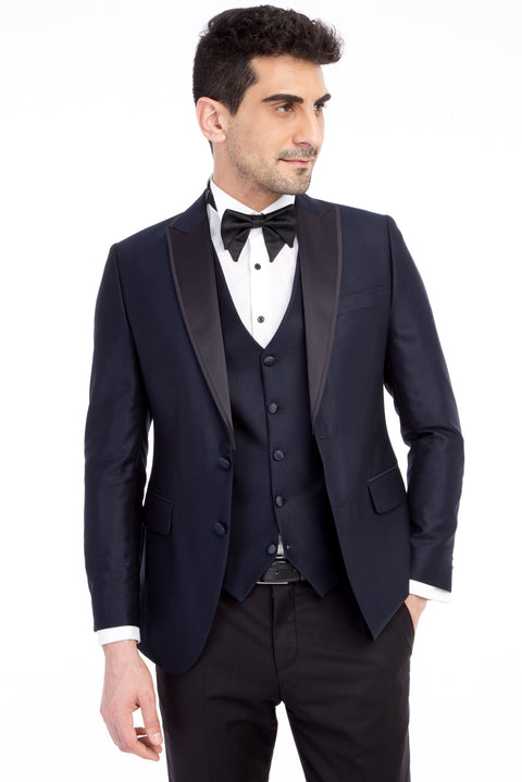 Lacivert 7 Drop Slim Fit Dar Kesim Sivri Yaka Desenli Yelekli Smokin & Damatlık