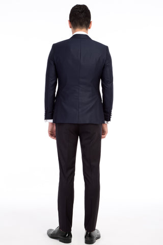  Lacivert Slim Fit Dar Kesim Sivri Yaka Desenli Yelekli Smokin / Damatlık