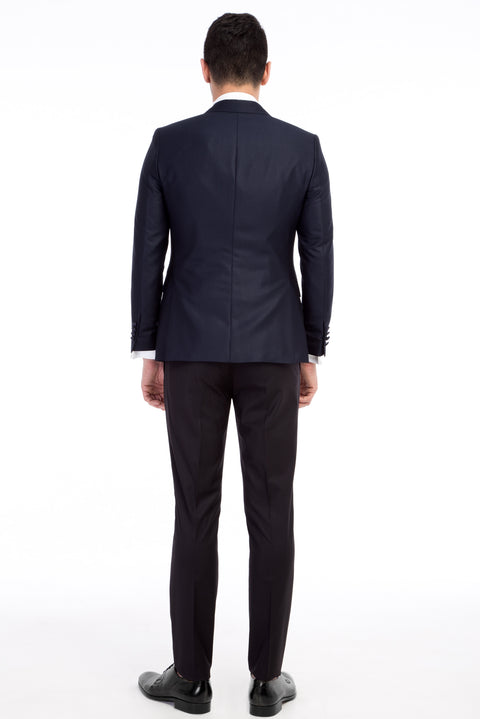 Lacivert 7 Drop Slim Fit Dar Kesim Sivri Yaka Desenli Yelekli Smokin & Damatlık