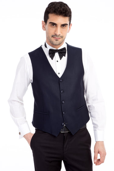  Lacivert Slim Fit Dar Kesim Sivri Yaka Desenli Yelekli Smokin & Damatlık