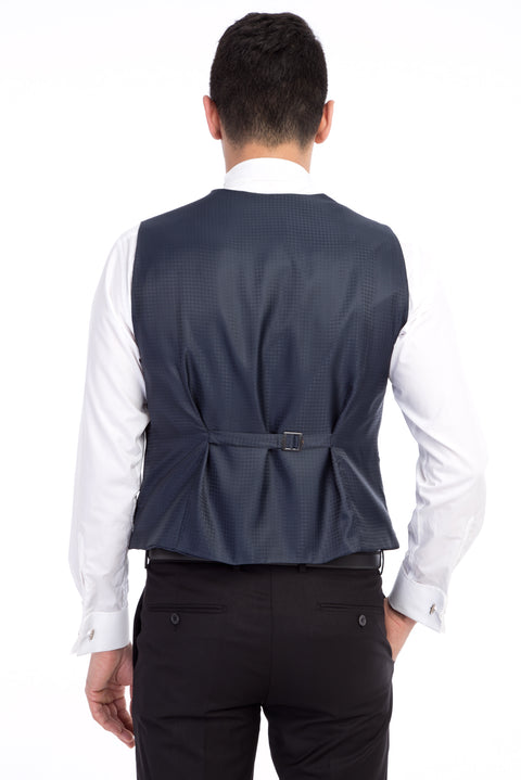 Lacivert 7 Drop Slim Fit Dar Kesim Sivri Yaka Desenli Yelekli Smokin & Damatlık