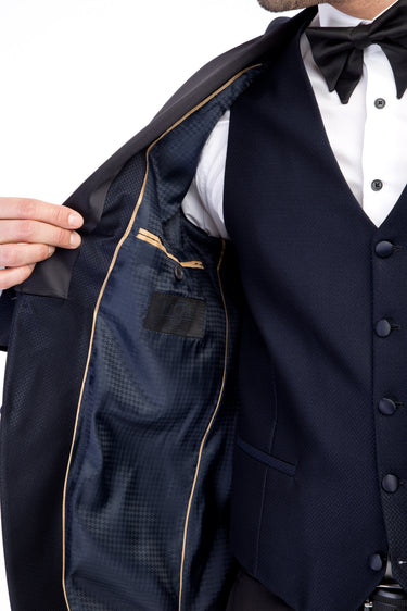 Lacivert Slim Fit Dar Kesim Sivri Yaka Desenli Yelekli Smokin / Damatlık