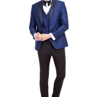 Mavi Slim Fit Dar Kesim Sivri Yaka Desenli Yelekli Smokin / Damatlık