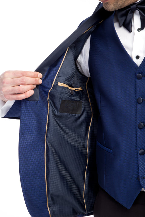 Mavi 7 Drop Slim Fit Dar Kesim Sivri Yaka Desenli Yelekli Smokin & Damatlık