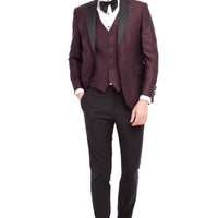 Bordo Slim Fit Dar Kesim Sivri Yaka Desenli Yelekli Smokin / Damatlık