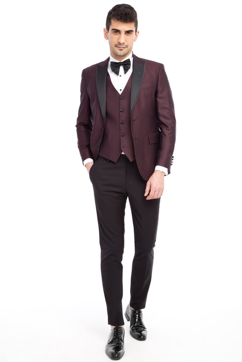 Bordo 7 Drop Slim Fit Dar Kesim Sivri Yaka Desenli Yelekli Smokin & Damatlık