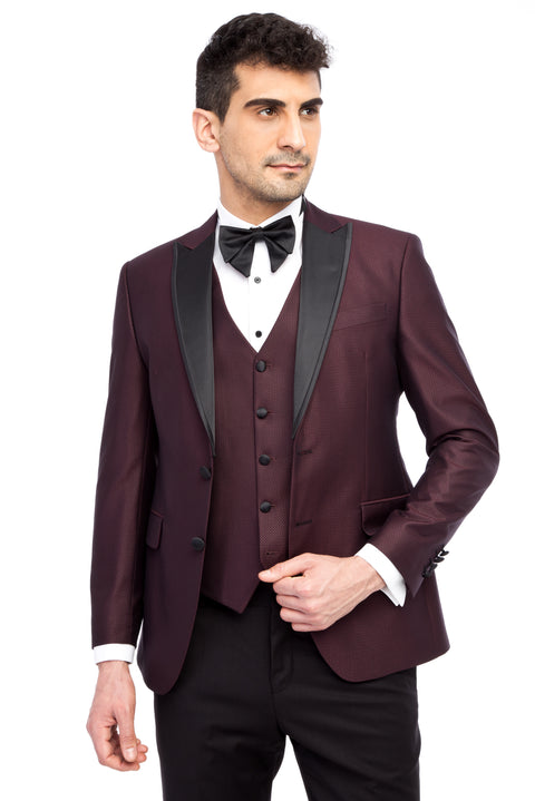 Bordo 7 Drop Slim Fit Dar Kesim Sivri Yaka Desenli Yelekli Smokin & Damatlık