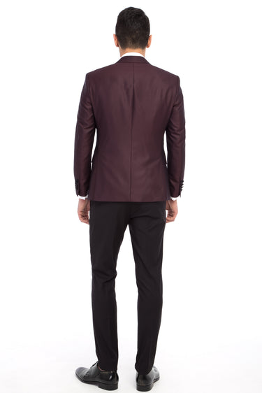  Bordo Slim Fit Dar Kesim Sivri Yaka Desenli Yelekli Smokin / Damatlık