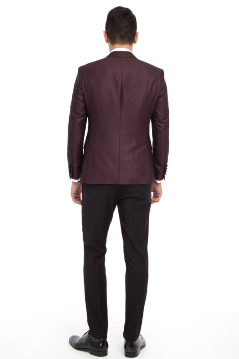 Bordo 7 Drop Slim Fit Dar Kesim Sivri Yaka Desenli Yelekli Smokin & Damatlık