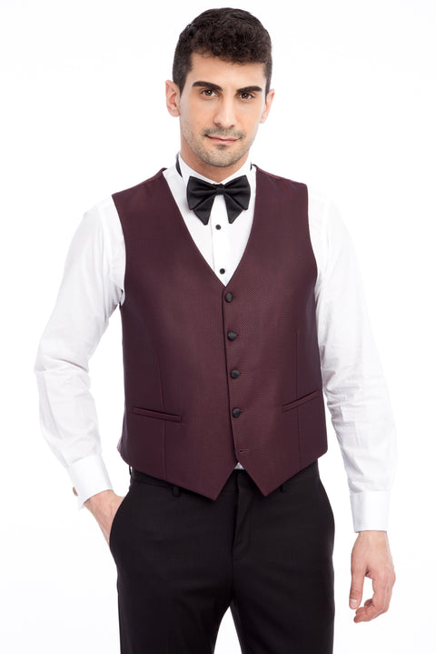 Bordo 7 Drop Slim Fit Dar Kesim Sivri Yaka Desenli Yelekli Smokin & Damatlık