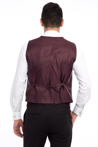 Bordo Slim Fit Dar Kesim Sivri Yaka Desenli Yelekli Smokin / Damatlık