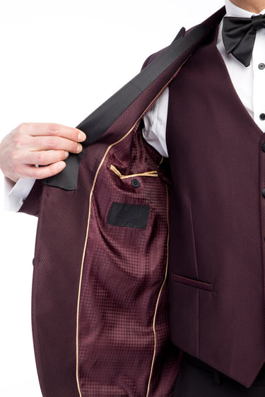 Bordo Slim Fit Dar Kesim Sivri Yaka Desenli Yelekli Smokin / Damatlık