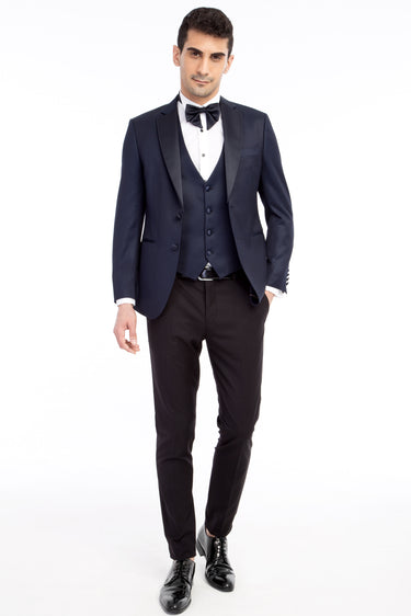 Lacivert Slim Fit Dar Kesim Mono Yaka Desenli Yelekli Smokin / Damatlık