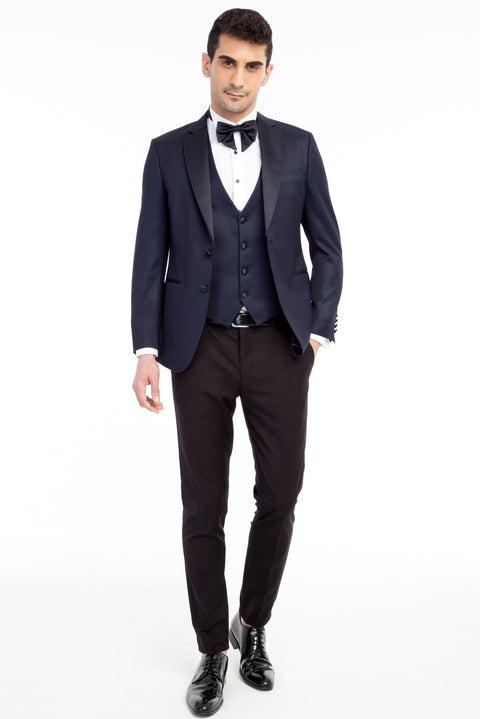 Lacivert 7 Drop Slim Fit Dar Kesim Mono Yaka Desenli Yelekli Smokin & Damatlık