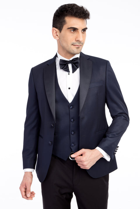 Lacivert 7 Drop Slim Fit Dar Kesim Mono Yaka Desenli Yelekli Smokin & Damatlık