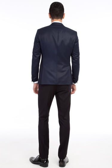 Lacivert Slim Fit Dar Kesim Mono Yaka Desenli Yelekli Smokin / Damatlık