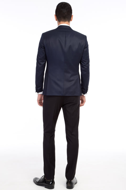 Lacivert 7 Drop Slim Fit Dar Kesim Mono Yaka Desenli Yelekli Smokin & Damatlık