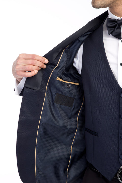 Lacivert 7 Drop Slim Fit Dar Kesim Mono Yaka Desenli Yelekli Smokin & Damatlık