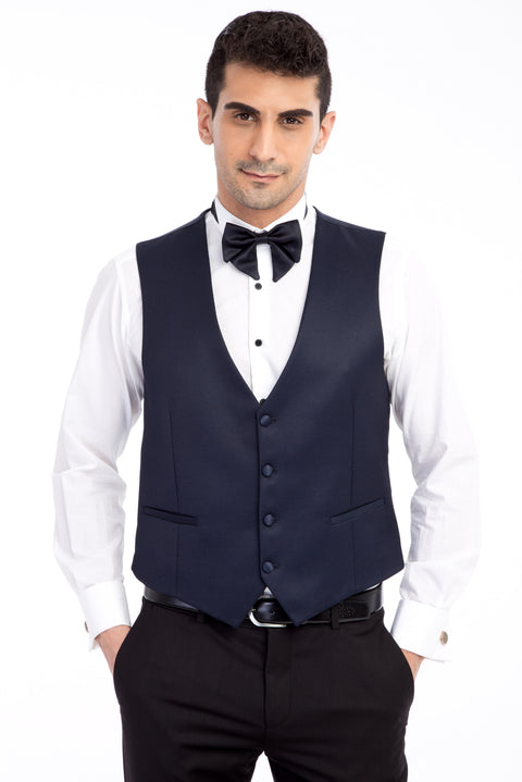 Lacivert 7 Drop Slim Fit Dar Kesim Mono Yaka Desenli Yelekli Smokin & Damatlık