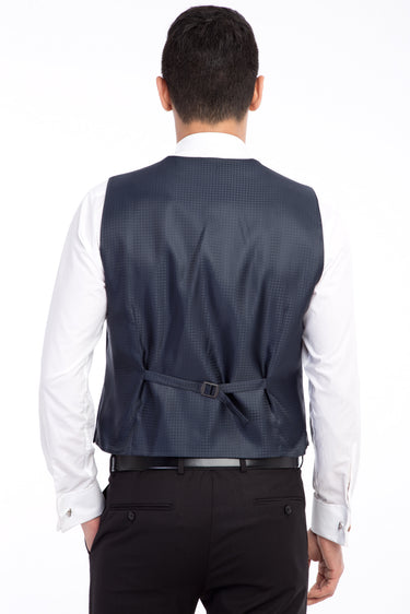 Lacivert Slim Fit Dar Kesim Mono Yaka Desenli Yelekli Smokin / Damatlık