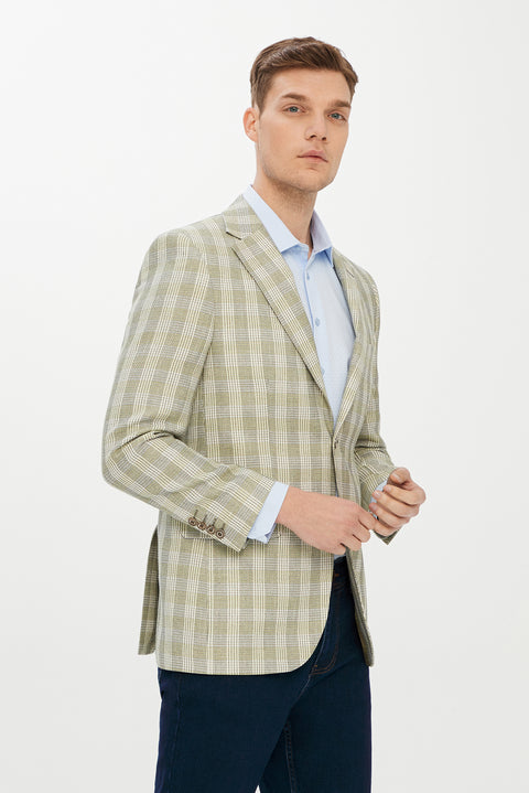 Açık Yeşil 4 Drop Relaxed Fit Rahat Kesim Ekose Ceket