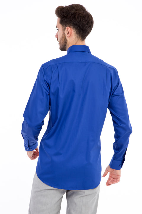 Mavi Uzun Kol Non Iron Saten Klasik Gömlek