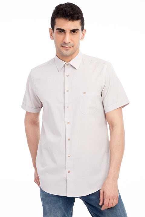 Bej Kısa Kol Desenli Klasik Gömlek