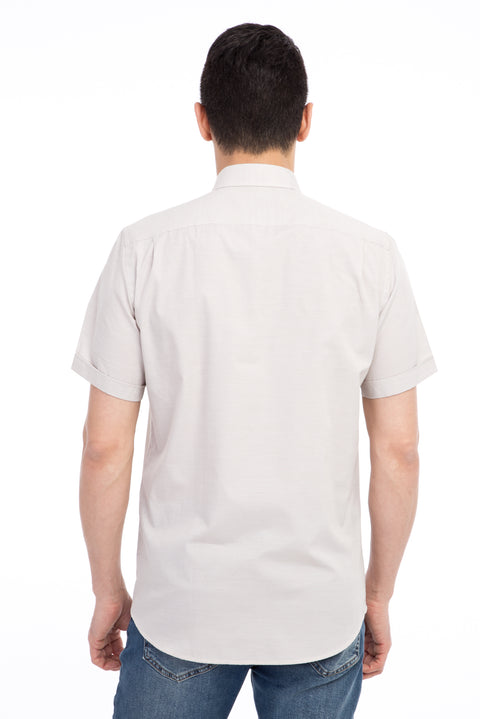 Bej Kısa Kol Desenli Klasik Gömlek