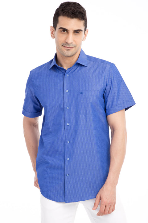 Lacivert Kısa Kol Desenli Klasik Gömlek