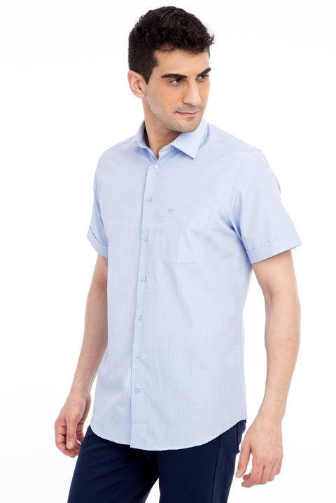 Blue Short-Sleeve Regular Fit Plaid Shirt