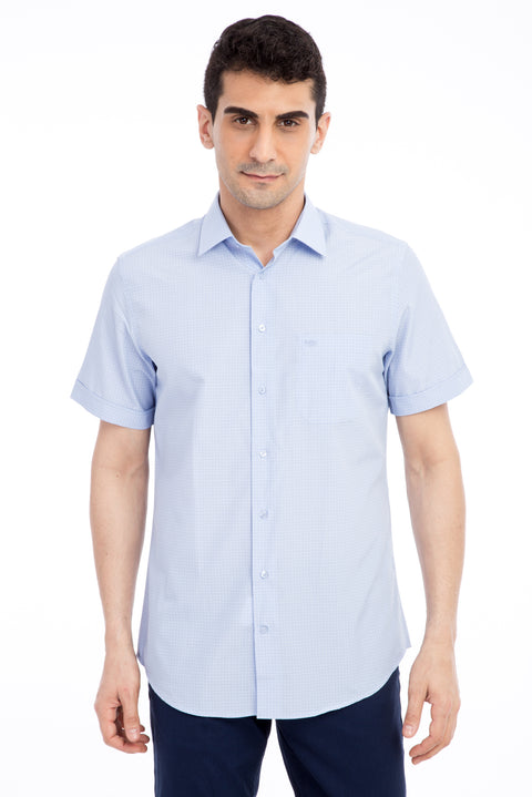 Blue Short-Sleeve Regular Fit Plaid Shirt