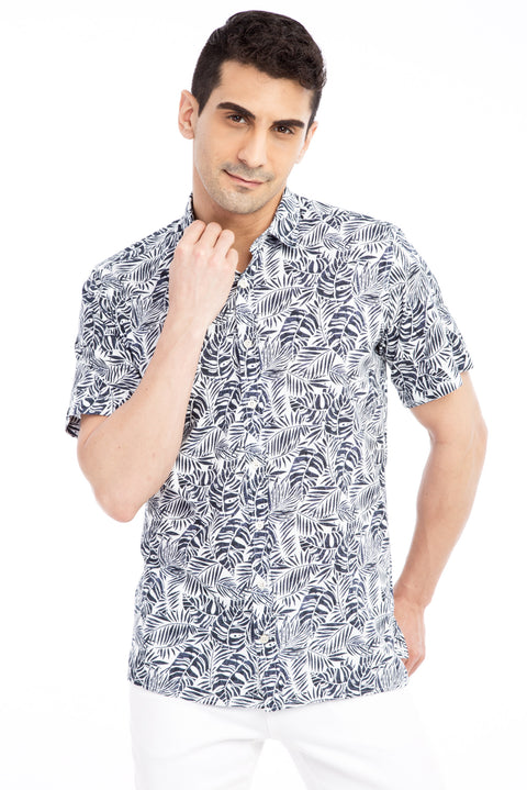 Lacivert Kısa Kol Regular Fit Desenli Pamuk Gömlek