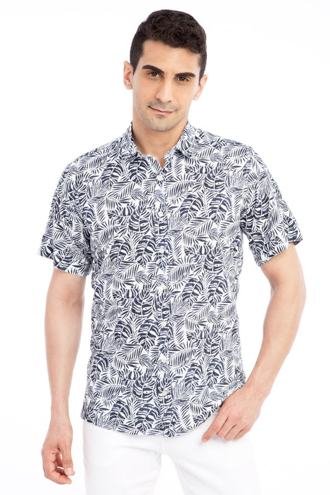 Lacivert Kısa Kol Regular Fit Desenli Pamuk Gömlek