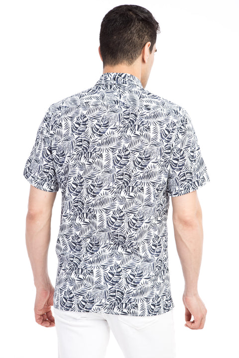 Lacivert Kısa Kol Regular Fit Desenli Pamuk Gömlek