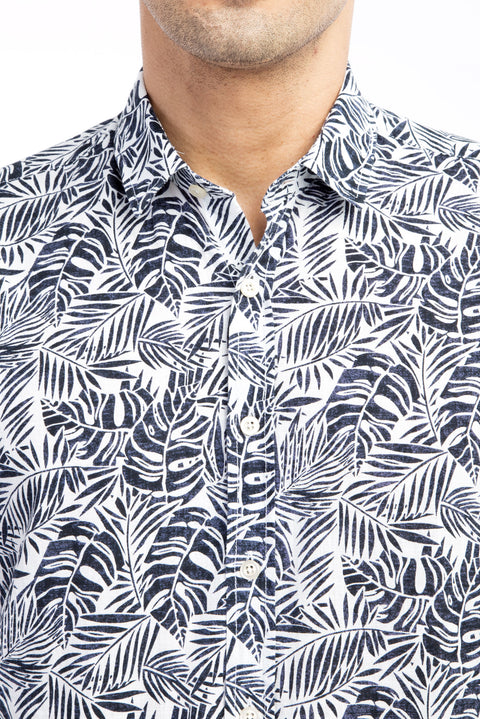 Lacivert Kısa Kol Regular Fit Desenli Pamuk Gömlek