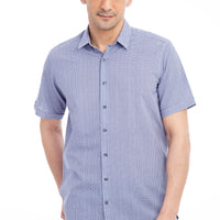 Koyu Mavi Kısa Kol Regular Fit Desenli Pamuk Gömlek