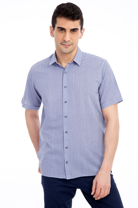 Koyu Mavi Kısa Kol Regular Fit Desenli Pamuk Gömlek