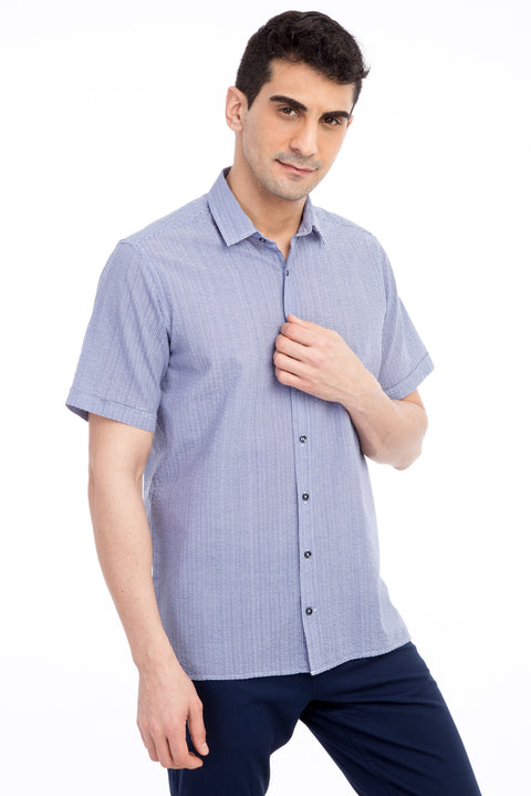 Koyu Mavi Kısa Kol Regular Fit Desenli Pamuk Gömlek