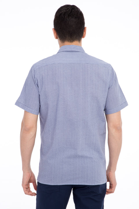 Koyu Mavi Kısa Kol Regular Fit Desenli Pamuk Gömlek