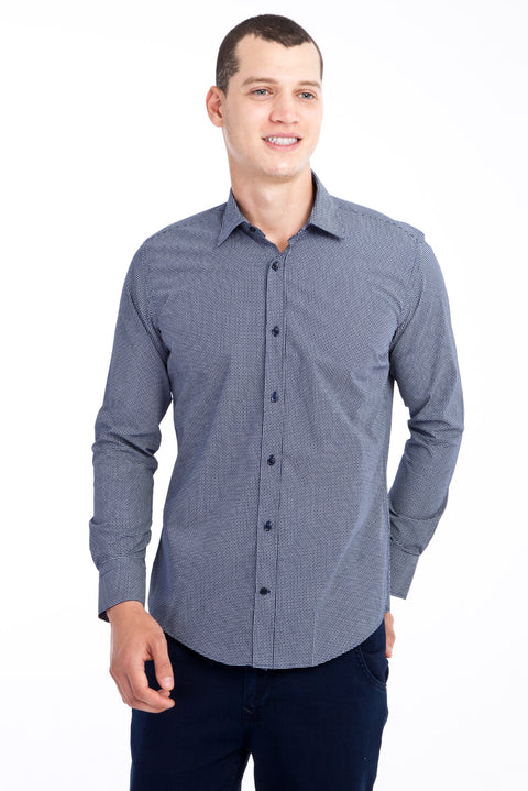 Lacivert Uzun Kol Desenli Slim Fit Dar Kesim Pamuk Gömlek