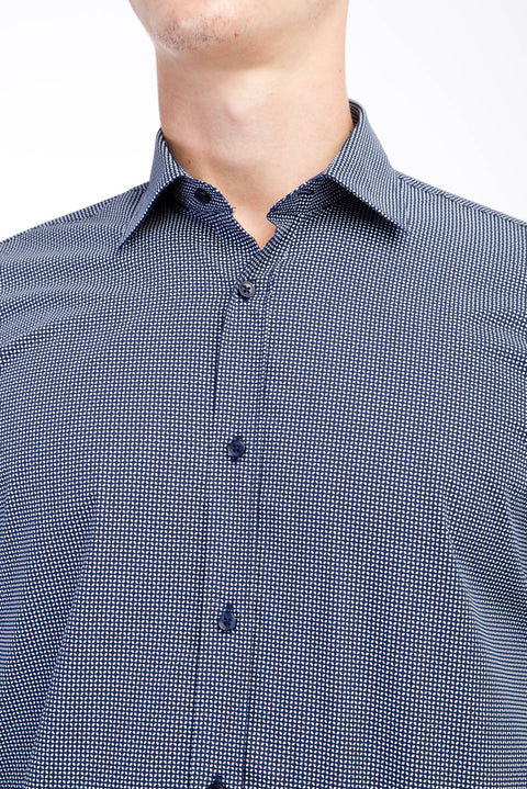 Lacivert Uzun Kol Desenli Slim Fit Dar Kesim Pamuk Gömlek