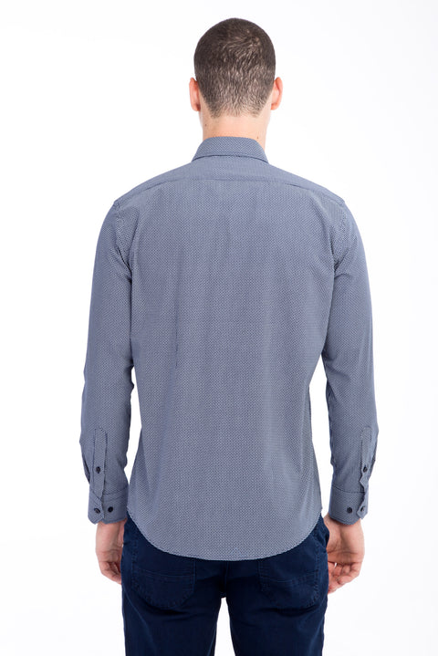 Lacivert Uzun Kol Desenli Slim Fit Dar Kesim Pamuk Gömlek