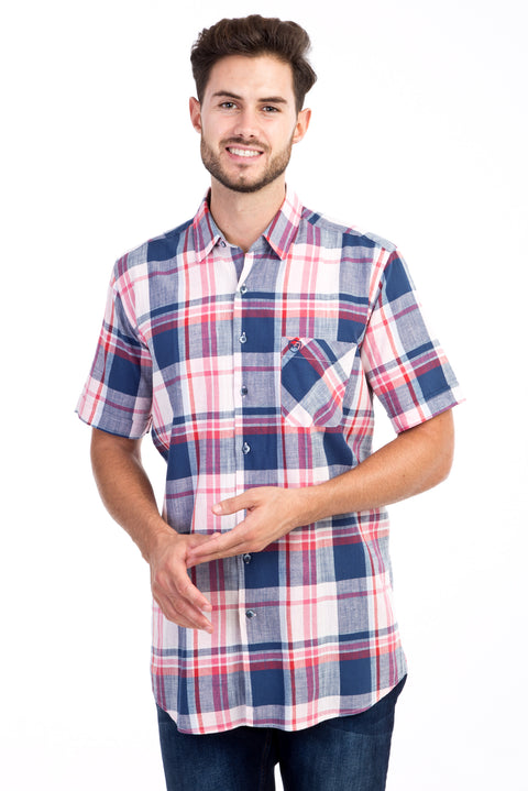 Pembe Kısa Kol Regular Fit Ekose Gömlek